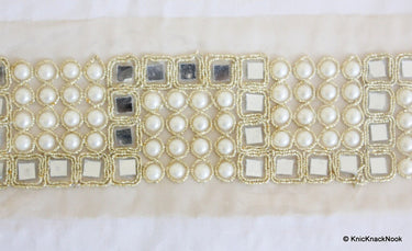 Sheer Gold Fabric Lace Trim With Mirror And Pearl Embellishments, Approx. 64mm Wide Indian Crafting Ribbon Decorative Trimming